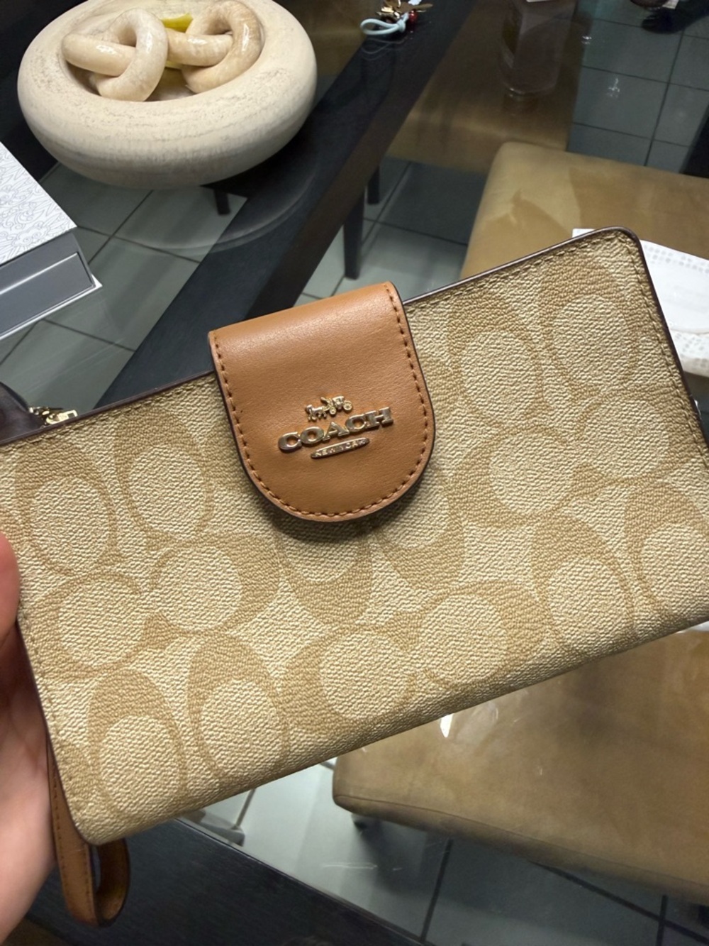 Coach Beige Signature Canvas Wristlet with Tan Leather Trim